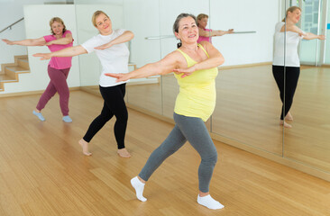 Fototapeta na wymiar Mature women dancing aerobics at lesson in the dance class