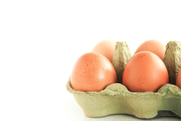 brown speckled chicken eggs in a substrate on a white background. copy space..