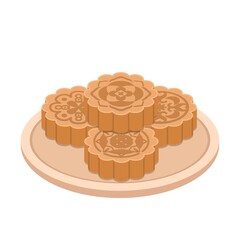Chinese moon cake with plate, food and dessert illustration, Mid-autumn festival dessert, vector illustration icon cartoon isolated