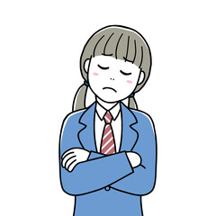 A high school girl thinking something with her arms crossed