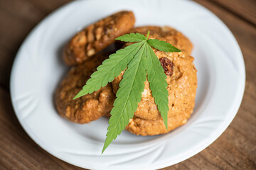 Cannabis food nature herb concept, Chocolate cookies with cannabis leaf - marijuana leaves plant on dark background