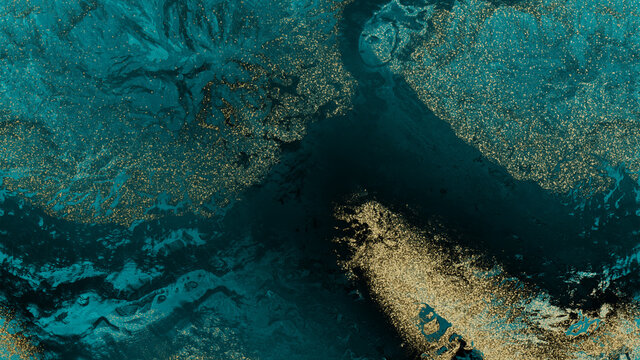 Teal and Black Abstract Art. Modern Artwork with Marble Swirls and Agate Ripples. Beautiful, Organic Texture with Gold Glitter.