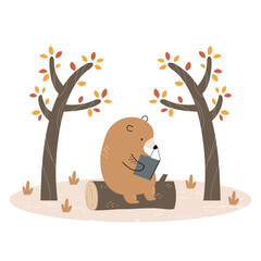 Cute bear reading book in the autumn wood. Vector illustration, isolated on white background.