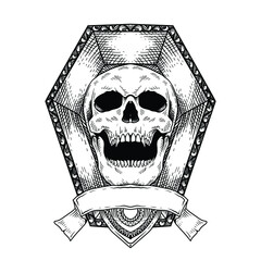 tattoo design hand drawn skull head in coffin line art black and white isolated