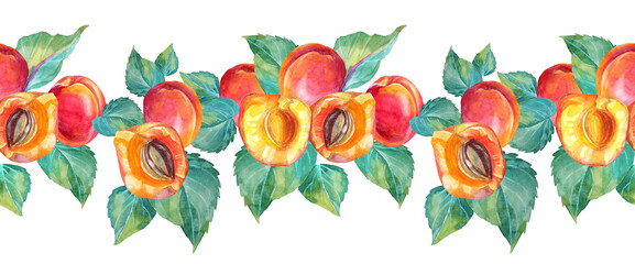 Seamless border watercolor composition apricot with green leaves. Red, yellow, orange hand-drawn fruit isolated on white background. Sweet dessert summer food. Clip art for menu, wrapping, invite