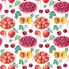 Seamless pattern watercolor plate with cherry, apricot, seed, green leaves on white background. Hand-drawn sweet red summer food berries and fruit. Clip art for menu, wrapping, wallpaper