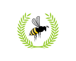 Flying bee in the nature leaf logo
