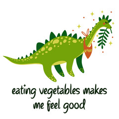 Cute cartoon dinosaur vector illustration. Brontosaurus eats vegetables. Reptile in a bib. Print with plant-based health text. Baby dino chews grass. Flat style. Hand-drawn color doodle.