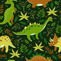 Cute cartoon dinosaurs seamless vector pattern. Colorful reptiles walk and eat grass in the rainforest. Animals on a dark background. Hand-drawn color doodle. Flat style. 