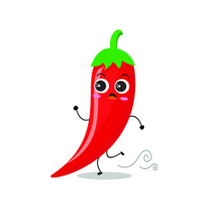 Vector illustration of red chili pepper character with cute expression, funny, isolated on white background, vegetable for mascot collection, emoticon kawaii, cayenne, run , panic