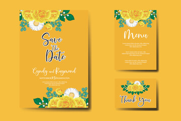 Wedding invitation frame set, floral watercolor Digital hand drawn Yellow Rose Flower design Invitation Card Template