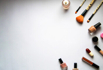 Female beauty tools on a white background. flat lay. And space for your creations.