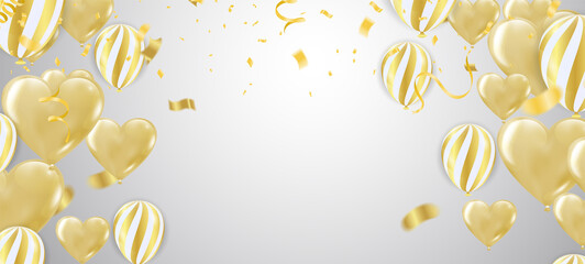 Gold balloons and Celebration background template with confetti and gold ribbons. luxury