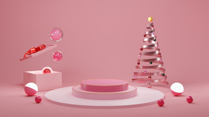 Holiday Christmas pastel color background with a gift box and podium empty with Chrismas tree, Happiness cards, Beautiful luxury New Year and festive, realistic 3d illustration, 3d rendering.