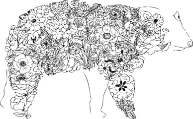 Fototapeta premium 花や葉で作ったシロクマのアートイラスト