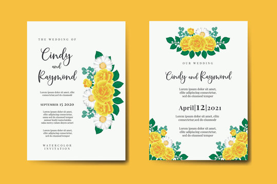 Wedding invitation frame set, floral watercolor Digital hand drawn Yellow Rose Flower design Invitation Card Template