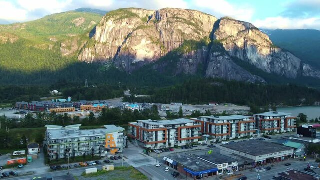 Aerial drone footage the Chief mountain face and near Squamish, BC, at sunset.