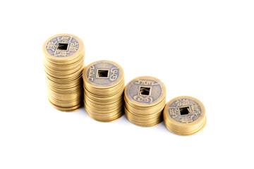 A row of diminishing coins on a white background