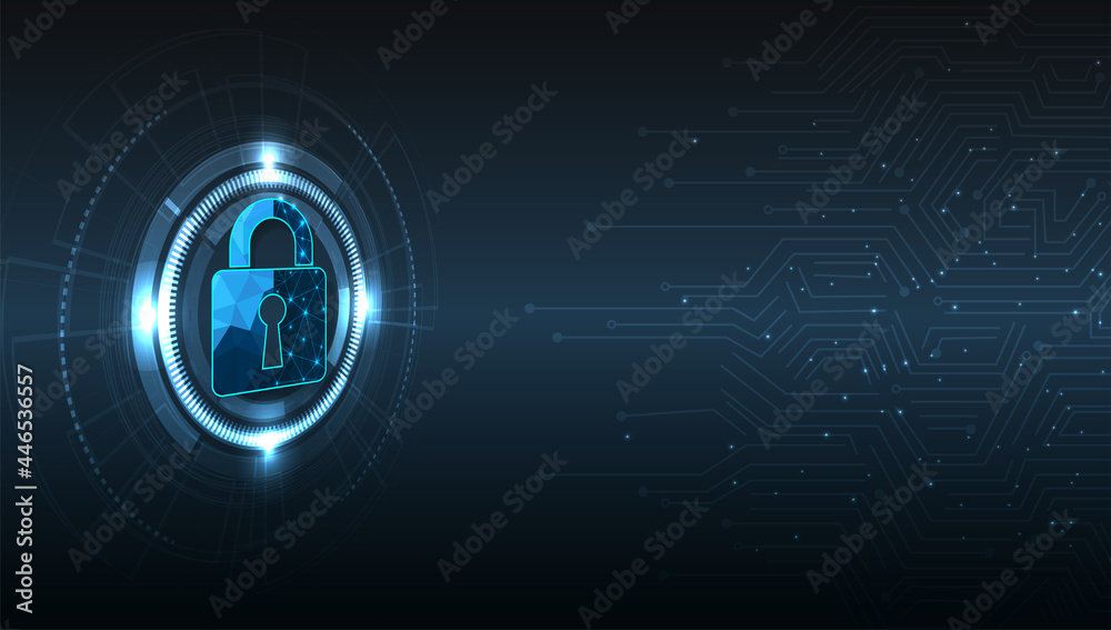 Aufkleber Internet security and Data prevent concept.Security Padlock lock  icon on dark blue background.Technology for online data access defense against hacker and virus.Technology security concept. 