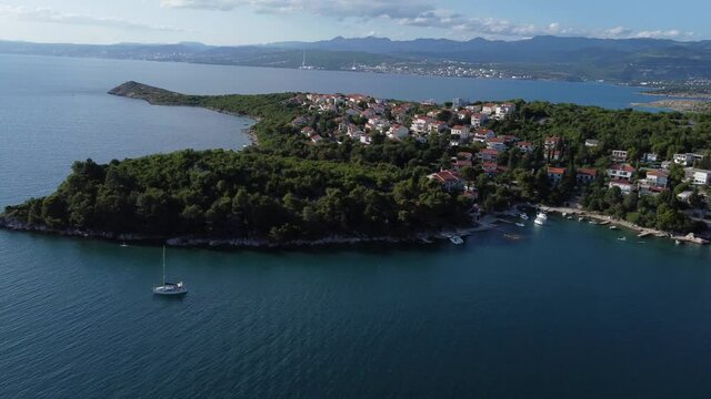 fast drone flight in high altitude over the Krk Croation coastlien with some course corrections in midflight along the small villages and ports