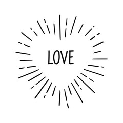 Heart with love text. Hand drawn sketch style. Heart vector illustration for sunburst frame, love quote