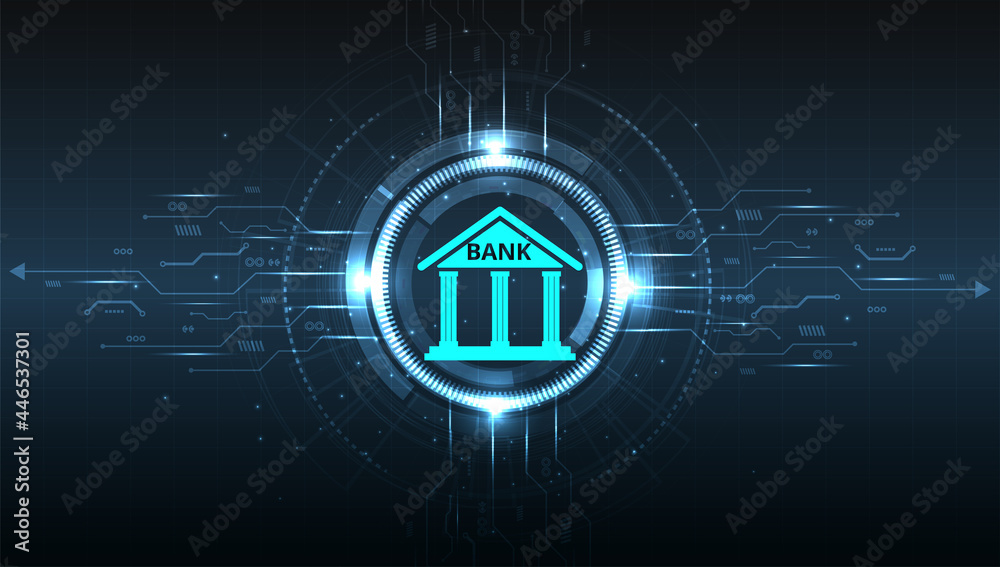 Poster Banking Technology design.Isometric illustration of bank on geometric technology background. Digital connect system.Financial technology concept.Vector illustration.EPS 10.