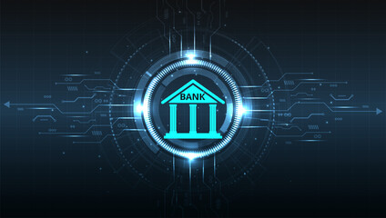 Banking Technology design.Isometric illustration of bank on geometric technology background. Digital connect system.Financial technology concept.Vector illustration.EPS 10.
