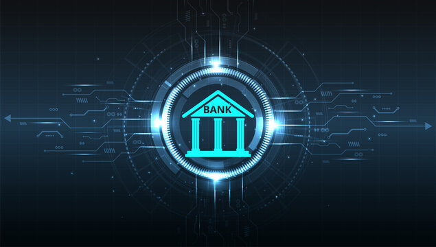 Banking Technology design.Isometric illustration of bank on geometric technology background. Digital connect system.Financial technology concept.Vector illustration.EPS 10.