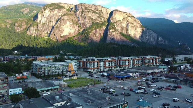 Aerial drone footage the Chief mountain face and near Squamish, BC, at sunset.