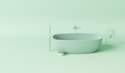 Naklejka na ściany i meble Pastel blue monochrome bathtub. Light background with copy space. 3D rendering for web page, presentation or picture frame backgrounds.
