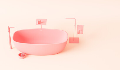 Pastel pink monochrome bathtub. Light background with copy space. 3D rendering for web page, presentation or picture frame backgrounds.