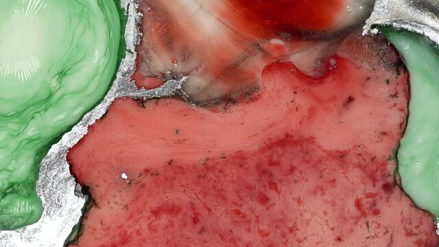 The mix of streams of green aqua menthe and red coral colors. Macro paint bubble. Multi color swirl. Abstract fluid art. Alcohol ink mix