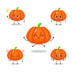 Vector illustration of orange pumpkin character with various cute expression, funny, isolated on white background, vegetable for mascot collection, emoticon kawaii, happy, lovely, smile