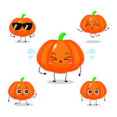 Vector illustration of orange pumpkin character with various cute expression, funny, isolated on white background, vegetable for mascot collection, emoticon kawaii, expression, happy
