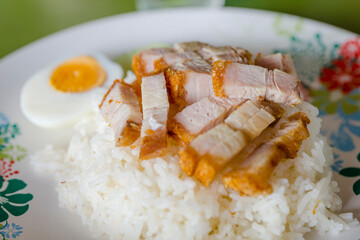 Crispy belly pork on rice and egg with barbecue red sauce