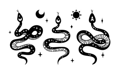 Mystical boho snake isolated cliparts bundle, celestial reptile with sun and moon symbol, space magic serpent silhouette, esoteric objects - black and white vector illustration