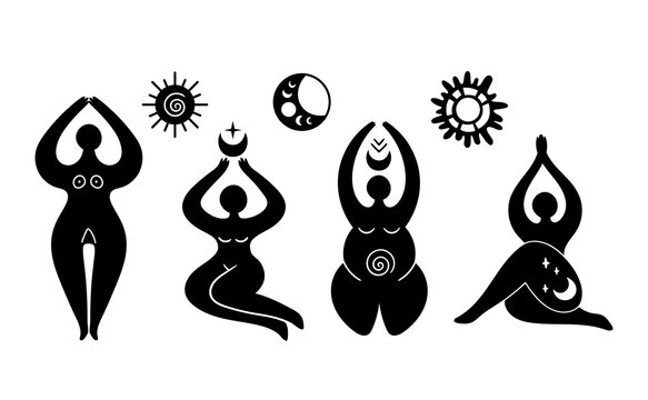 Mystical celestial and solar goddess isolated cliparts bundle, mystical wiccan woman silhouette, female symbol, moon and sun esoteric objects - black and white vector illustration
