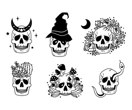 Mystical skull isolated clipart bundle, celestial and floral boho skull collection, moon and flowers, mushroom, snake and cactus human skull set, horror halloween black and white vector illustration