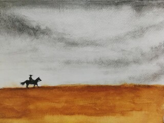 Watercolor painting cowboy and horse landscape countryside in the field.