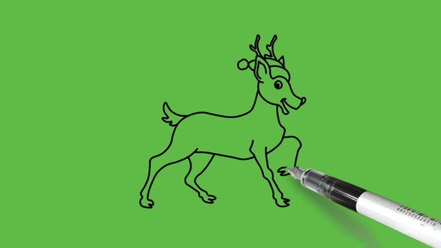 Sketch running horse in blue colour with black outline on abstract green background
