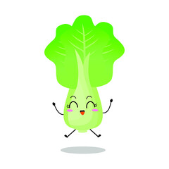 Vector illustration of green white cabbage character with cute expression, funny, isolated on white background, vegetable for mascot collection, emoticon kawaii, jump, happy, celebration, adorable