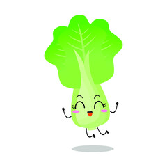 Vector illustration of green white cabbage character with cute expression, funny, isolated on white background, vegetable for mascot collection, emoticon kawaii, happy, celebration, jump