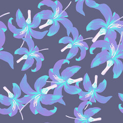 Indigo Seamless Art. Azure Pattern Painting. Cobalt Tropical Design. Navy Flower Leaf. Blue Floral Plant. Flora Illustration. Spring Illustration. Garden Illustration