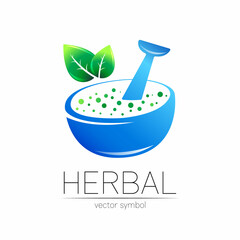 Organic vector symbol in blue and green color. Concept logo for business. Herbal sign with leaves for medicine, homeopathy, therapy and pharmacy. Logotype with mortar and pestle isolated on white .
