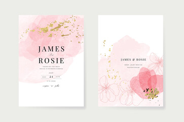 Minimal pink tropical Wedding Invitation, floral invite thank you, rsvp modern card Design in botanical flower water color texture decorative Vector elegant rustic template