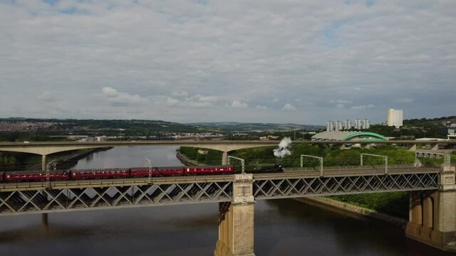 Steam Train Crossing The King Edward VII Bridge In Newcastle Upon Tyne And Gateshead