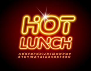 Fototapeta na wymiar Vector colorful logo Hot Lunch for Cafe, Menu, Restaurant. Bright Neon Font. Electric Alphabet Letters and Numbers