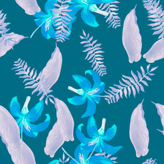 Navy Tropical Art. Cobalt Seamless Nature. Azure Pattern Textile. Indigo Floral Leaves. Purple Flower Botanical. Lavender Decoration Design. Drawing Background.