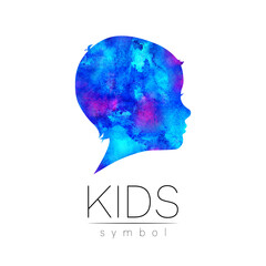 Child blue logotype. Silhouette profile human head. Concept logo for people, children, autism, kids, therapy, clinic, education. Template symbol, modern watercolor design isolated on white background - 446542733