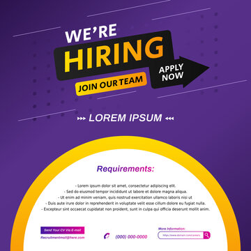 Social media post feed design. Job recruitment design for companies or agency. Good template for advertising on social media. Purple vacancy announcement flyer vector illustration